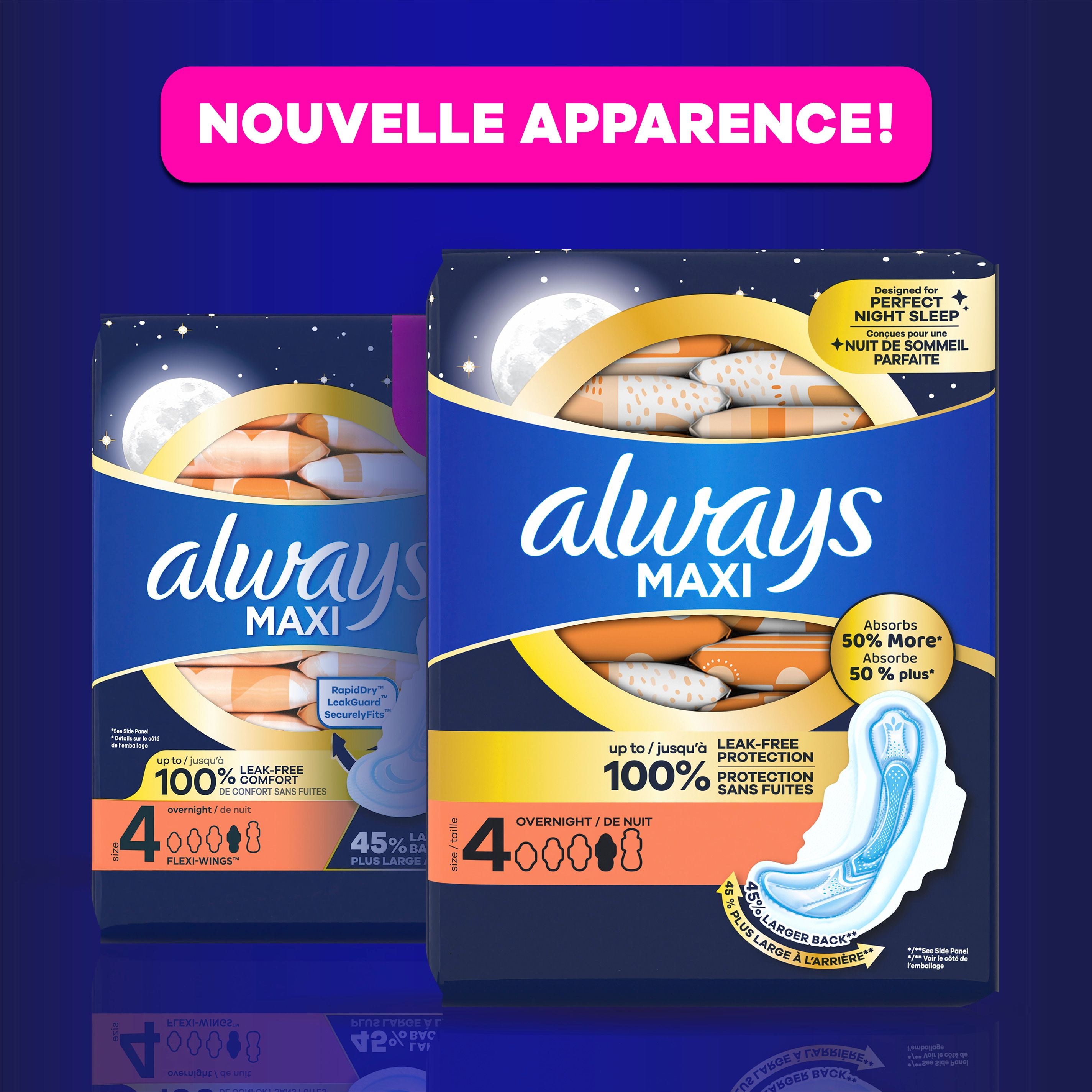 Serviettes Always Maxi de nuit, degré d’absorption de nuit, avec ailes, pour femmes, taille 4, non parfumées 26CT