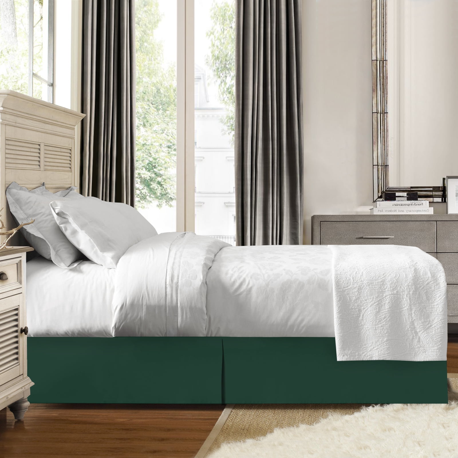 14" Tailored Pleated Bed Skirt Dust Ruffle, Queen, Hunter Green, by Clara Clark