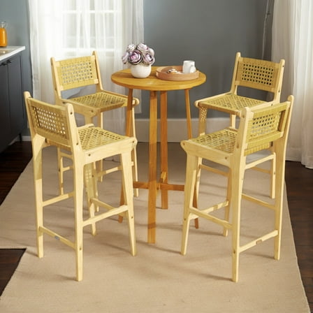YYAo Counter Bar Stools, Counter Stool,Patio Teak Wood Bar Stool with Rattan Backrest and Seat