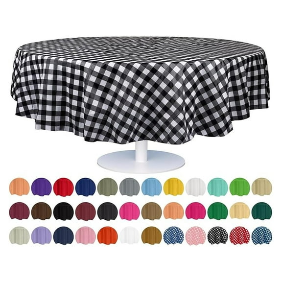 12-Pack 84-Inch Round Disposable Plastic Tablecloth - Black Checkered Gingham Pattern for Parties, Picnics, and Events