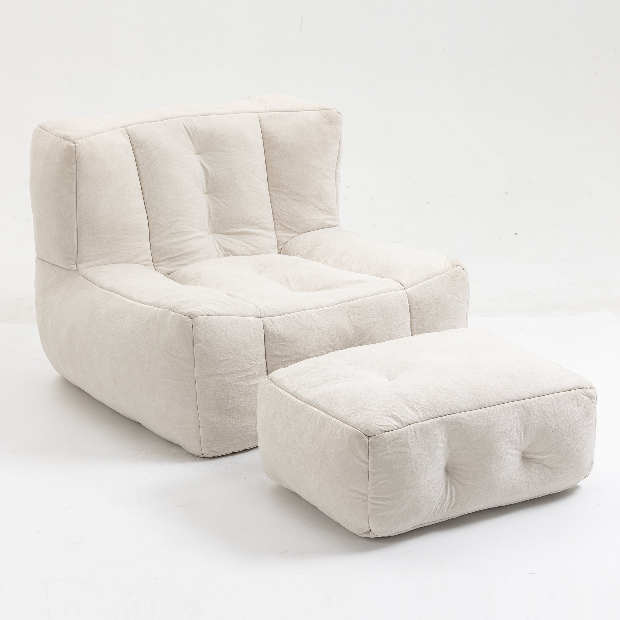DEALTOPS Fluffy Bean Bag Chair with Ottoman for Adults & Teens, Super Soft Lazy Sofa Chair with Memory Foam for Living Room, Bedroom, Apartment-White