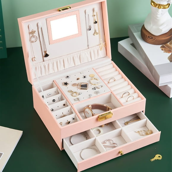 yievot Jewelry Box With Lock And Mirror Jewelry Organizer Storage Case With 2-Layers Display For Earrings Bracelets Rings Watches