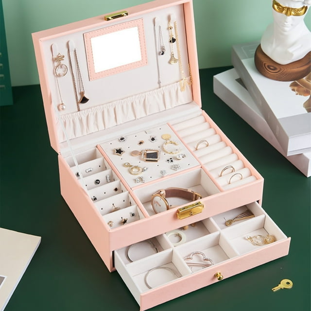 Boovnll Jewelry Box With Lock And Mirror Jewelry Organizer Storage Case With 2-Layers Display For Earrings Bracelets Rings Watches