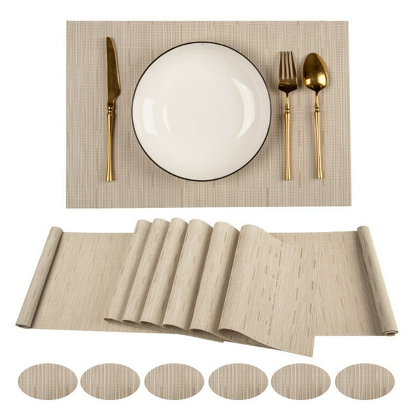 leyfeng Juego de mesa de comedor de 16 uds, manteles individuales de camino de mesa, posavasos de PVC antideslizante, resistente al calor, lavable