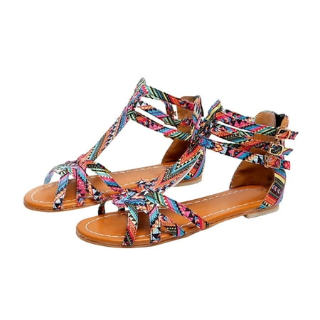 

Awdenio Summer Womens Sandals Bohemian Ethnic Print Resort Shoes Ladies Summer Clip-Toe Shoes Zipper Comfy Flats Casual Beach Sandals