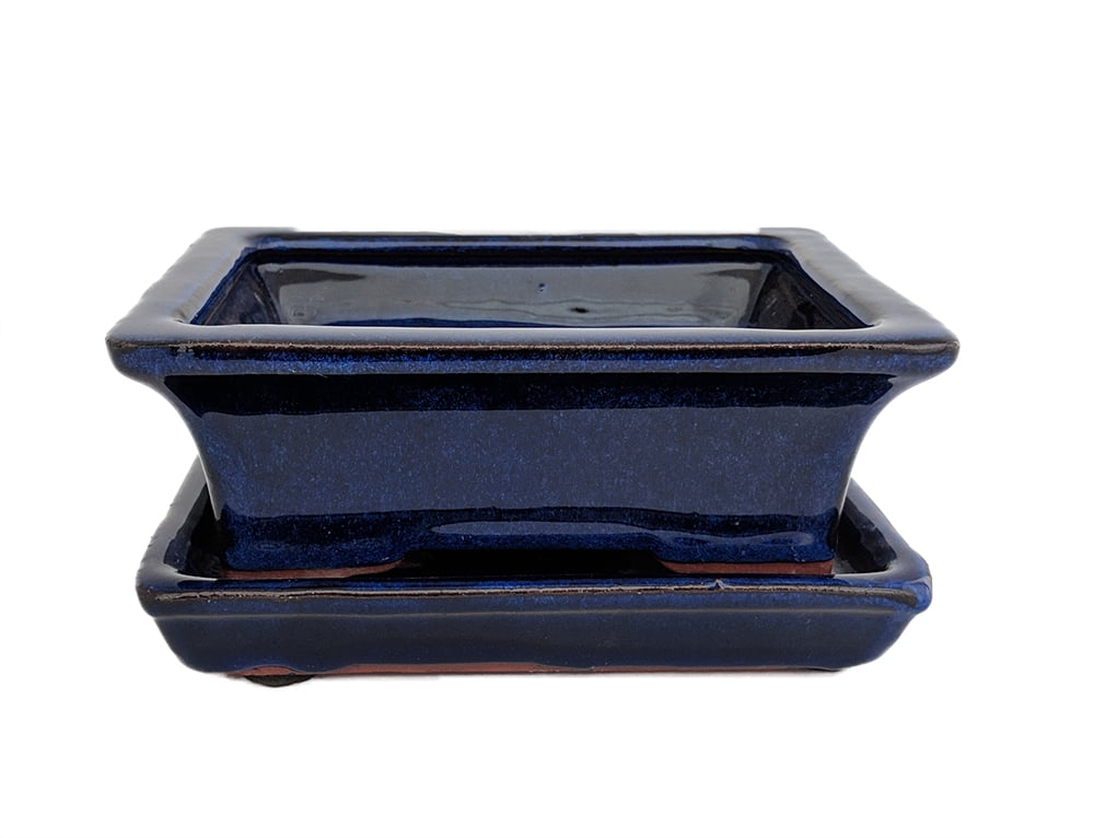 Ceramic Bonsai Pot/Saucer DarkBlue Rect Flare6 1/8" x 4 1/2" x 2