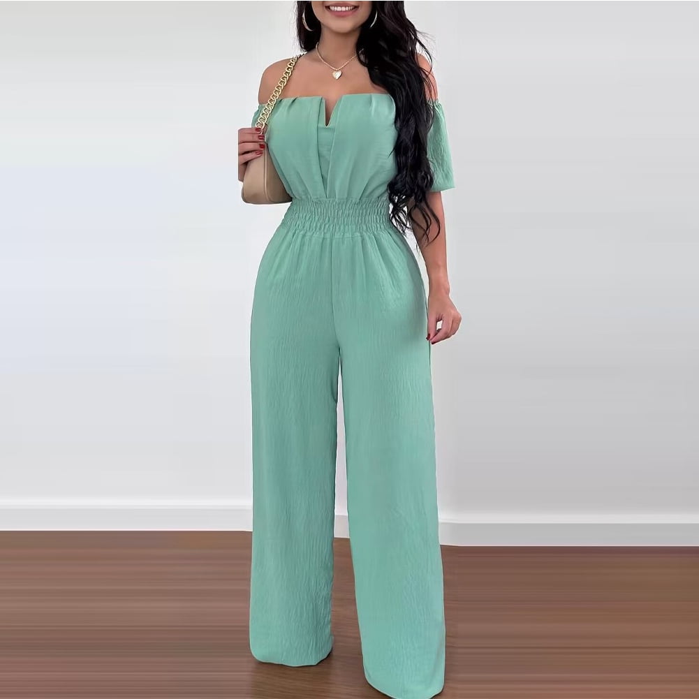 FJUCHAI Women's Casual Jumpsuits Loose Overalls Short Sleeve One Piece Wide Leg Long Pant Rompers With Pockets S-XL