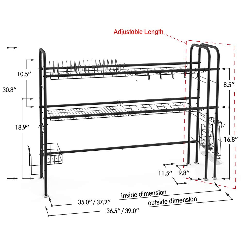 NEX 2-Tier Adjustable 35-37” x 10.5” x 33” Dish Rack, Black Stainless Steel