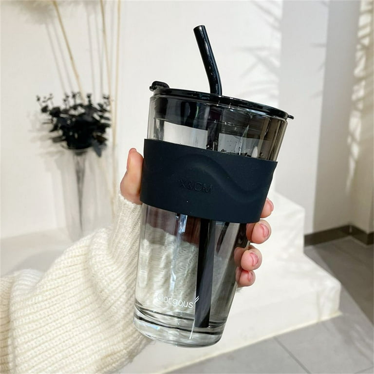 1pc Glass Cup With Cover & Straw, Minimalist Clear Water Cup For Kitchen
