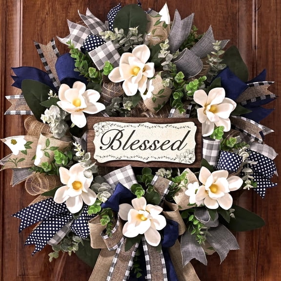 Yastouay 22 Inch Spring Wreaths for Front Door,Magnolia Wreath Buffalo Plaid Door Wreath for Farmhouse Decor
