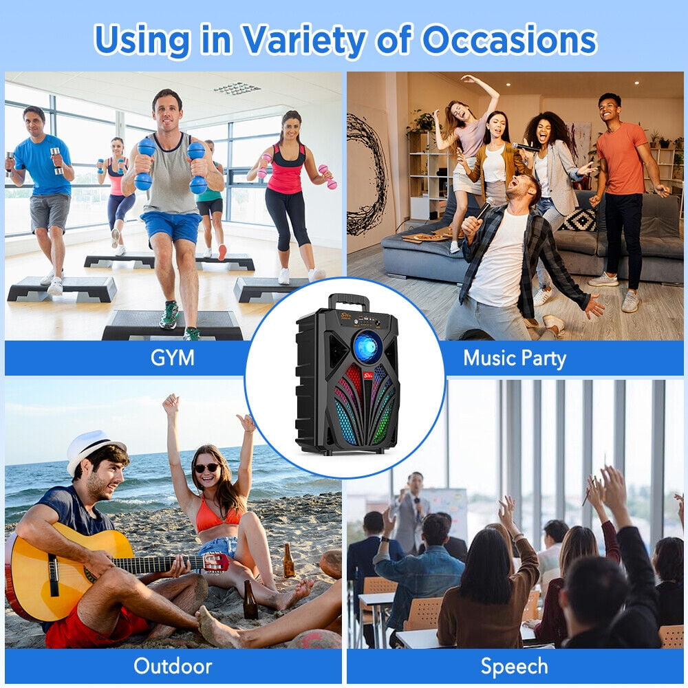 8Inch Portable Bluetooth 5.0 Speaker, Party Speaker Stereo Subwoofer Heavy Bass Sound System with Colorful LED Lights and Mic, Black