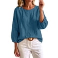 thumbnail image 4 of Bosfbaoi 3/4 Puff Sleeve Womens Tops Solid Round Neck Loose Linen Blend Casual Blouses, 4 of 5