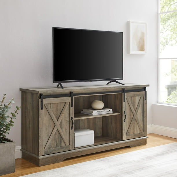 Manor Park Farmhouse Barn Door Tv Stand For Tvs Up To 65 Grey Wash Walmart Com Walmart Com