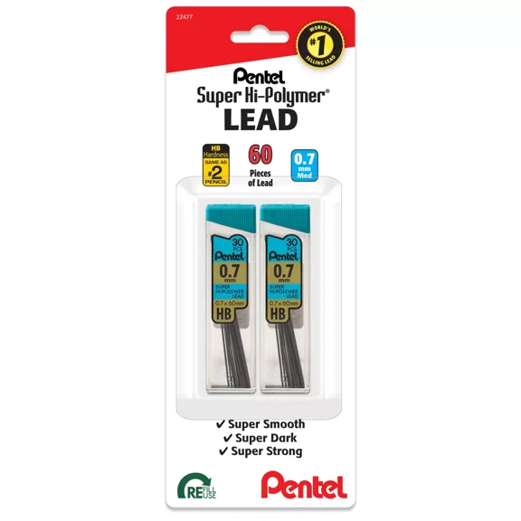 Pentel 2pk/60ct 0.7MM Mechanical Pencil Lead Refill: Black No. 2 Writing Instrument Refills for Mechanical Pencils