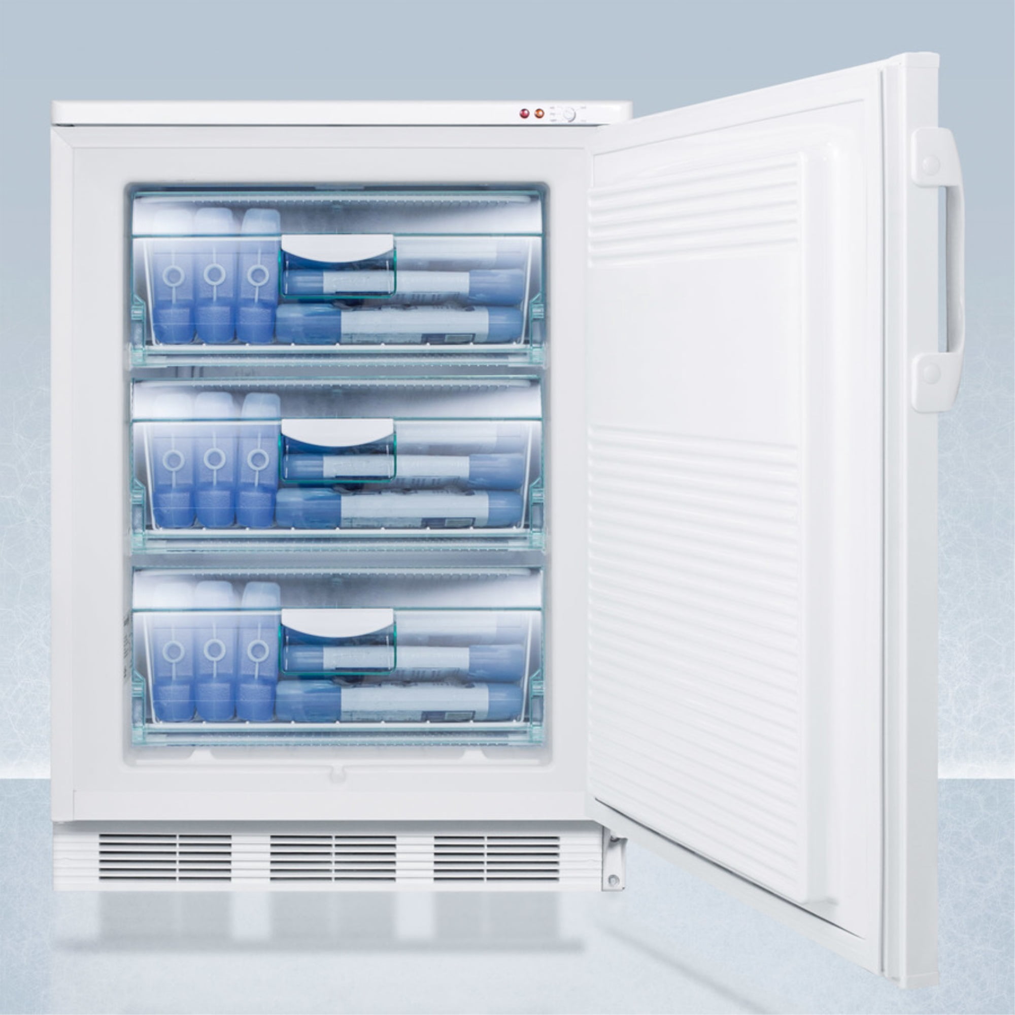 24" wide -25C all-freezer for freestanding use, manual defrost with a lock and probe hole for user-installed monitoring equipment