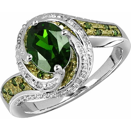 JewelersClub 1.20 Carat T.G.W. Chrome Diopside Gemstone and 1/10 Carat T.W. Green and White Diamond Ring in Sterling Silver