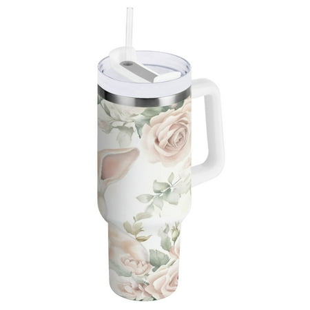 

Stainless Steel Tumbler with Straw and Handle Double Wall Insulated Tumblers Bunny Surrounded by Roses