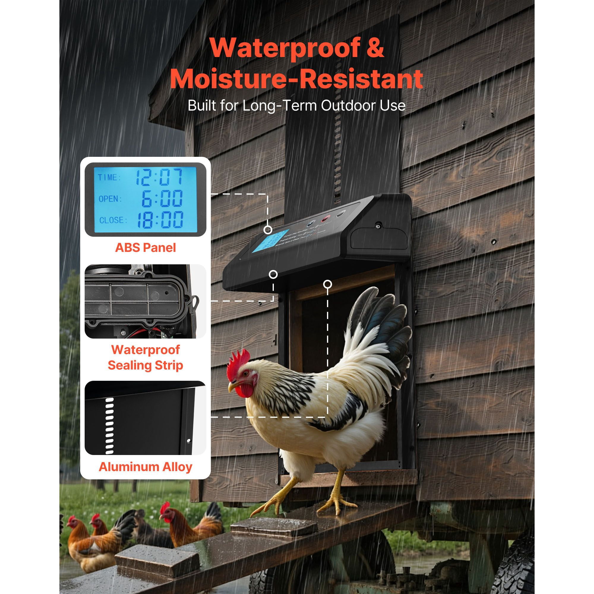 Automatic Chicken Coop Door, Timer and Manual Modes, Anti-Pinch Protection, Aluminum Alloy with ABS Housing, AA Battery Powered, Easy Installation for Backyard Coops