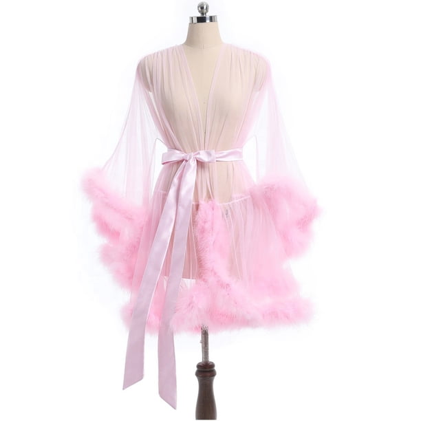 stylish ladies dressing gowns Milue Elegant Furry Trim Mesh Gown Sheer Babydoll Cover Up Nightwear standard openings