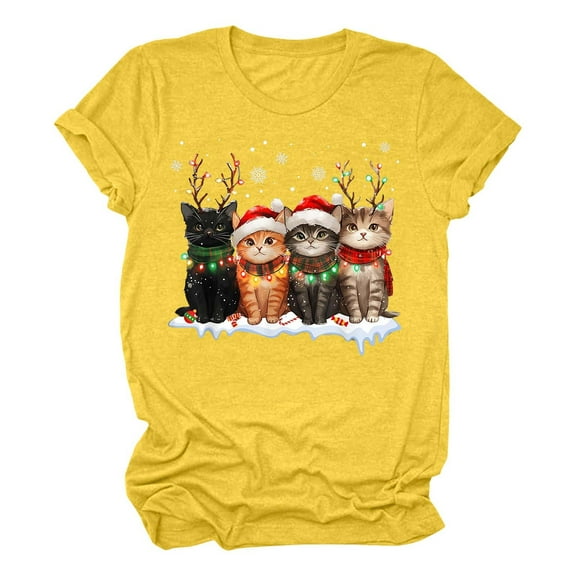 Tops For Women Christmas Trendy Cute Cartoon Cat Print Short Sleeve Crewneck Summer Casual Xmas Fistival Tops