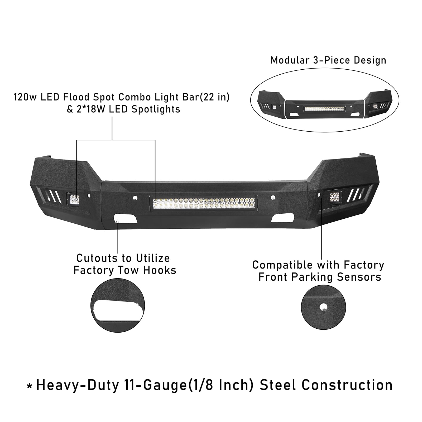 Hooke Road Fit 2016 2017 2018 Chevy Silverado 1500 Front Bumper Steel Black w/ 120w LED Light Bar