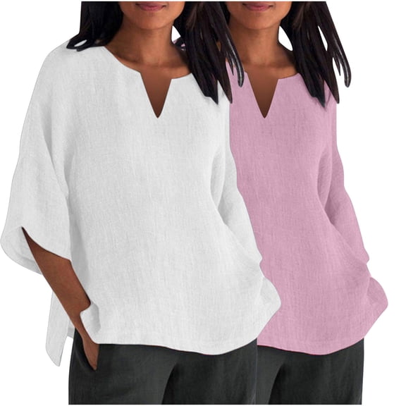 STETMN 2 PC Oversized Cotton Linen Top for Women Solid 3/4 Sleeve T-shirt V Neck Loose Summer Tee
