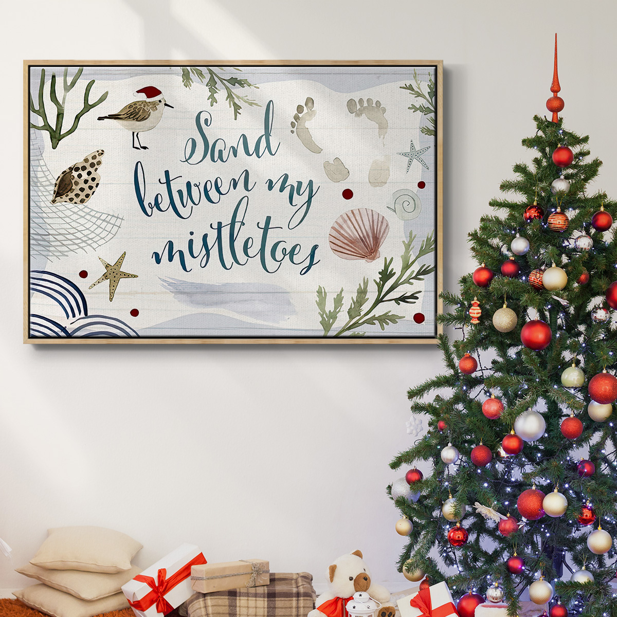 Sun-kissed Christmas Collection A - Framed Gallery Wrapped Holiday Canvas - 25 x 37 - Natural Wood Frame