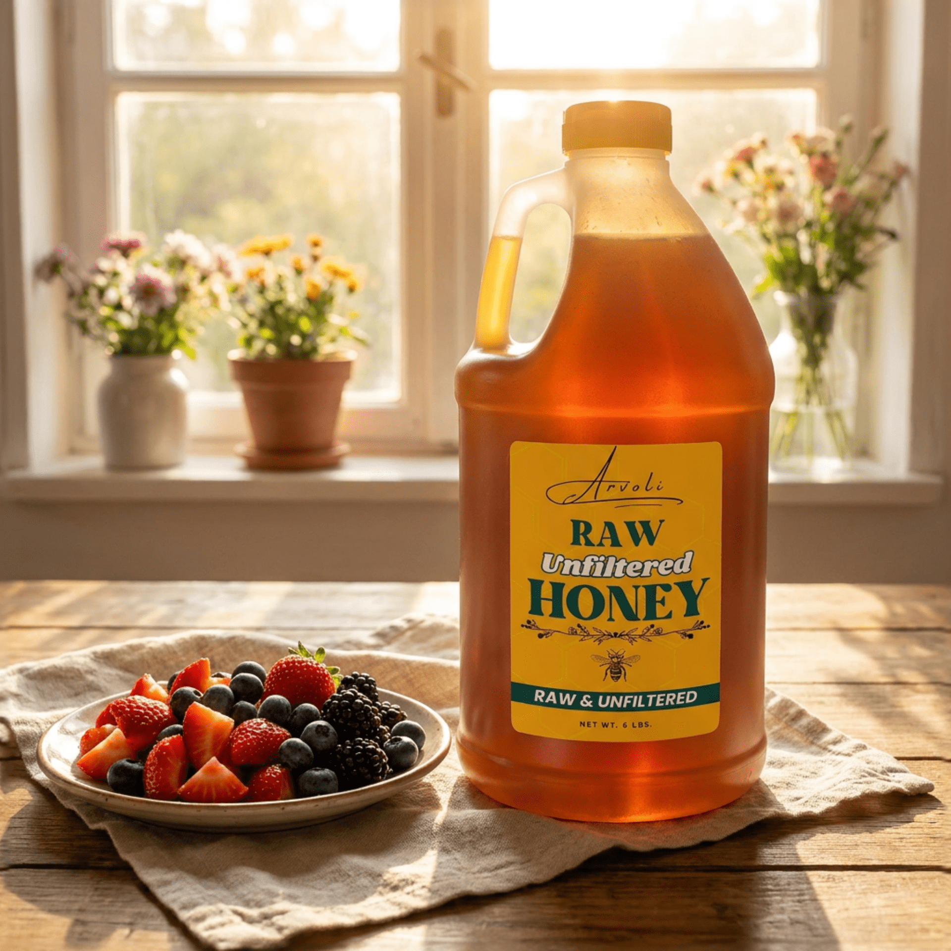 Raw & Unfiltered Wildflower Honey - 6 lbs - Half Gallon of Bulk Honey Jug by Arvoli Honey