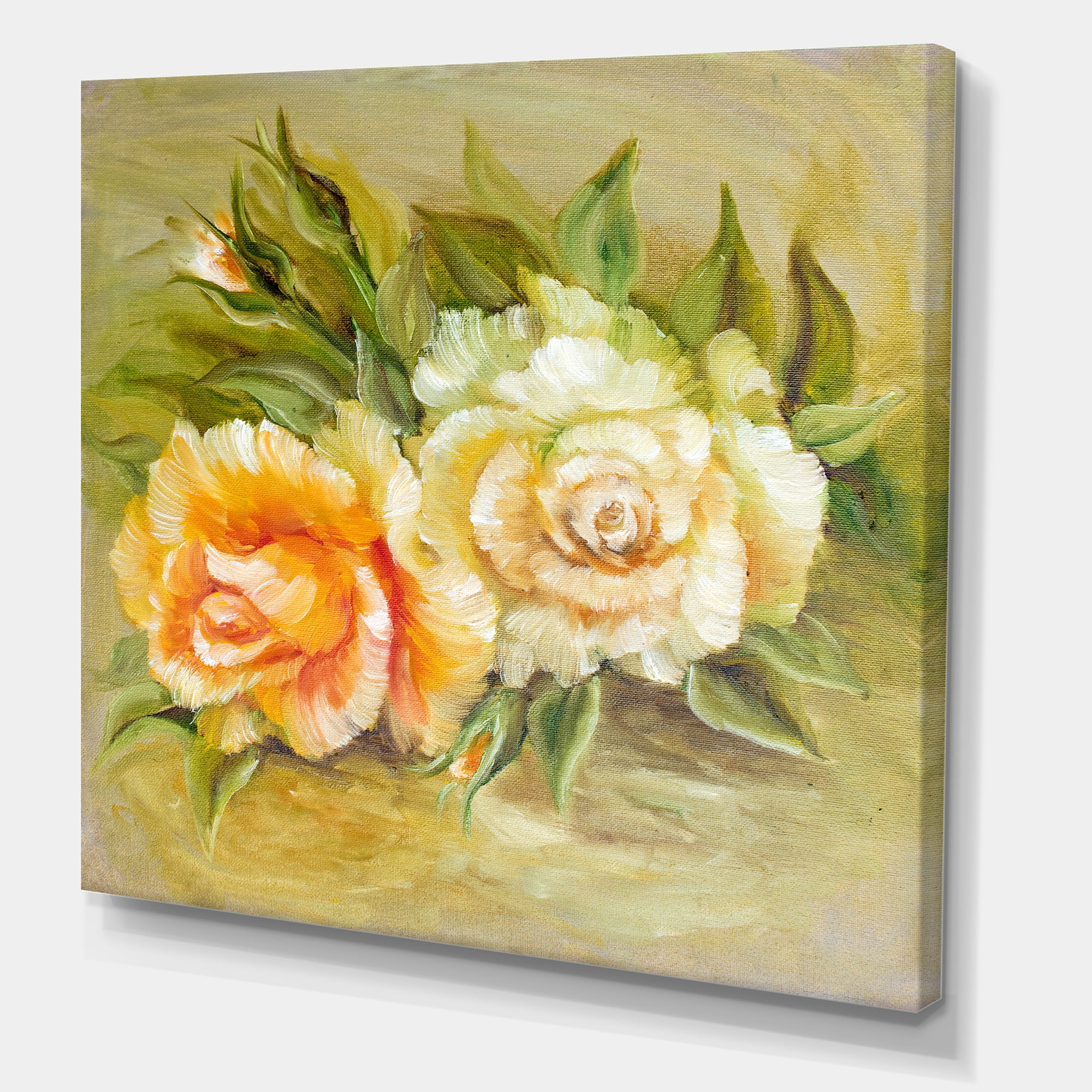 Designart ' Vintage Yellow and White Roses ' Traditional Canvas Wall Art Print