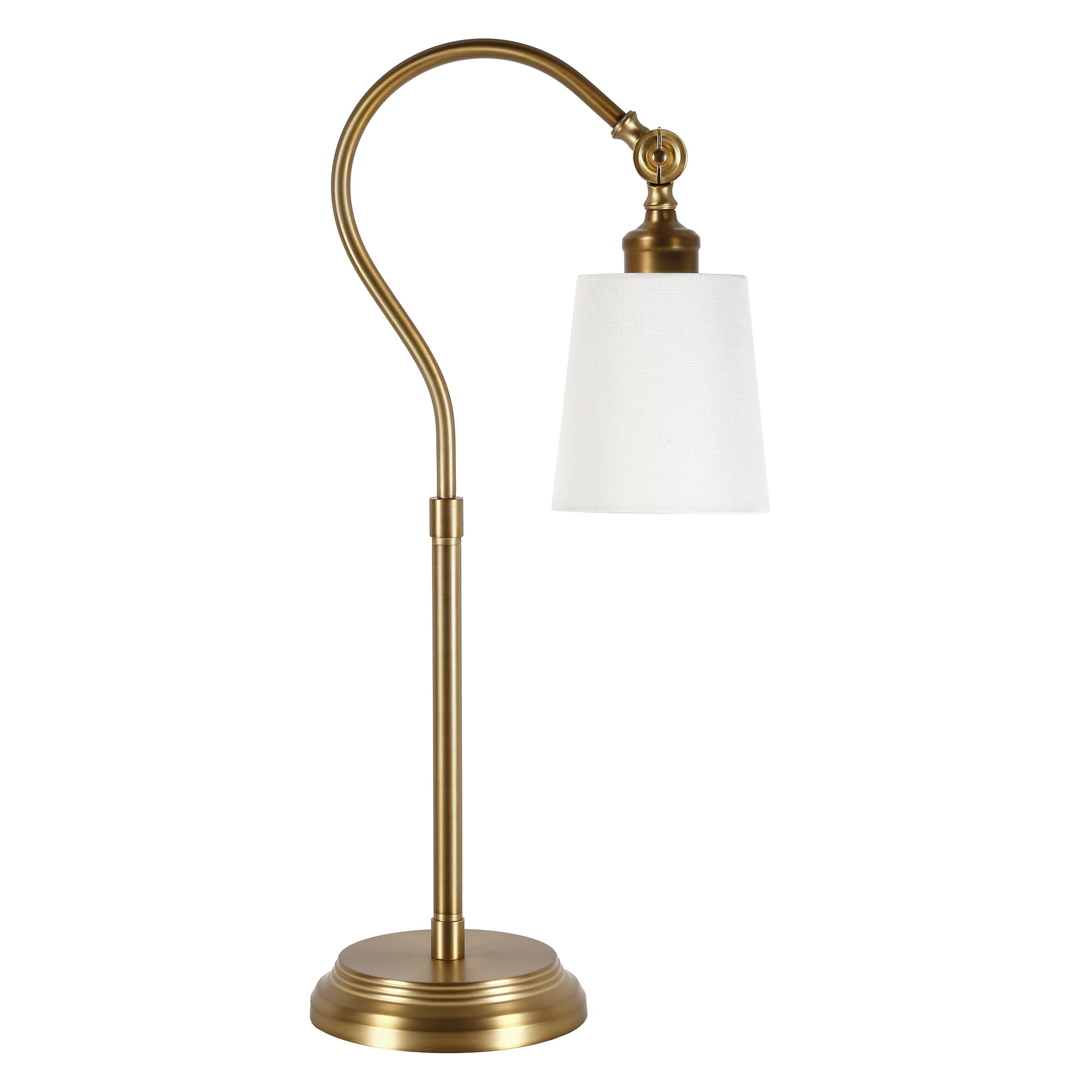 Evelyn&Zoe Harland 25" Tall Arc Table Lamp with Fabric Shade, Brushed Brass/White