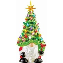 Christmas Lighted Up Gnomes Ceramic Christmas Tree with Multicolored Lights - Small Mini Prelit Xmas Holiday Decor for Tabletop Home Room Table Fireplace Office
