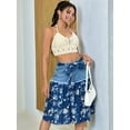 thumbnail image 4 of Denim Skirts for Women Lace Up Patchwork Print Bohemian A-Line Summer Midi Jean Skirts, 4 of 9