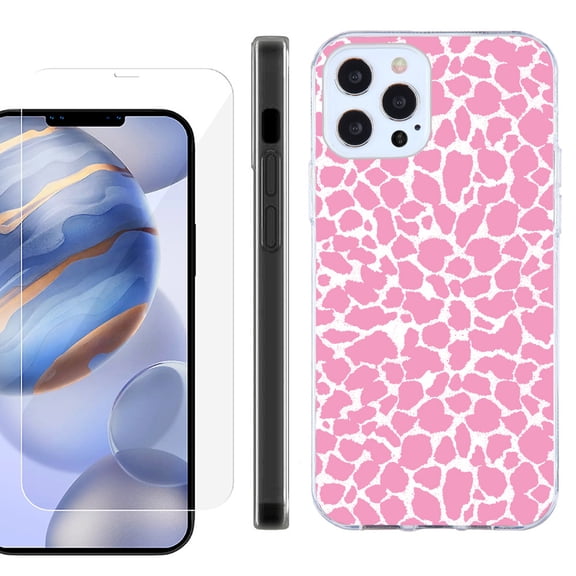 Slim Fit Protective Phone Case for Apple iPhone 12 / iPhone 12 Pro, with Tempered Glass Screen Protector, by OneToughShield ® - Giraffe/Pink