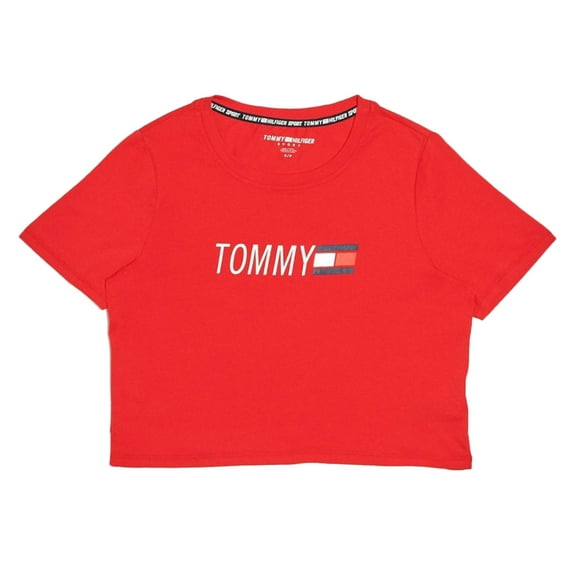 Tommy Hilfiger Logo Crewneck Crop Womens Active Shirts & Tees Size M, Color: Red/White/Navy