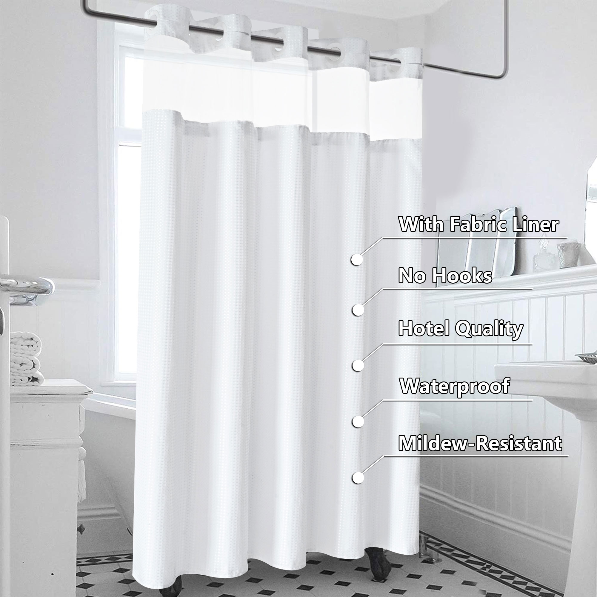 Ikfashoni White Hookless Shower Curtain with Snap-In Liner photo 4
