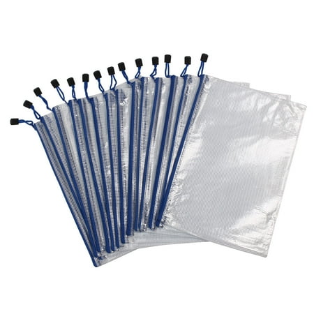 Office Plastic Zipper Pen File Document Bags Folders Pockets White Blue 14 Pcs - 0