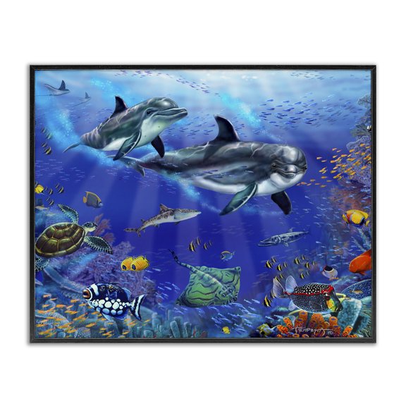 Stupell Industries Coastal Underwater Sea Life Scene Dolphins Black Framed Giclee Art, 14 x 11, by Interlitho