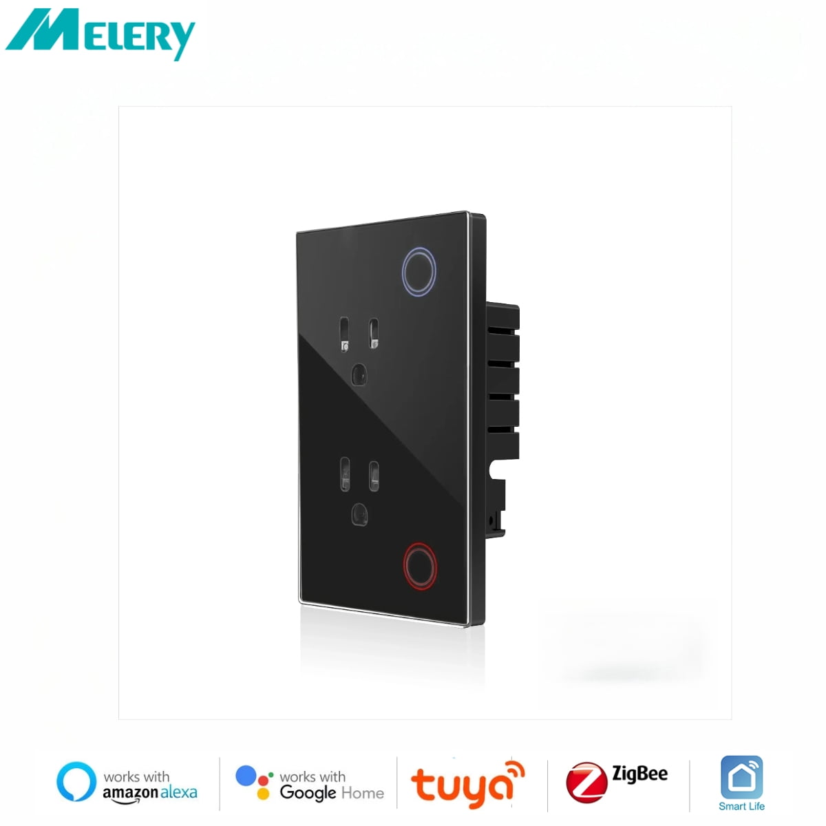 Melery Smart US Wall Outlet 10A Zigbee-Enabled with Tuya & Smart Life App Tempered Glass Pane lTiming & Remote Control Function
