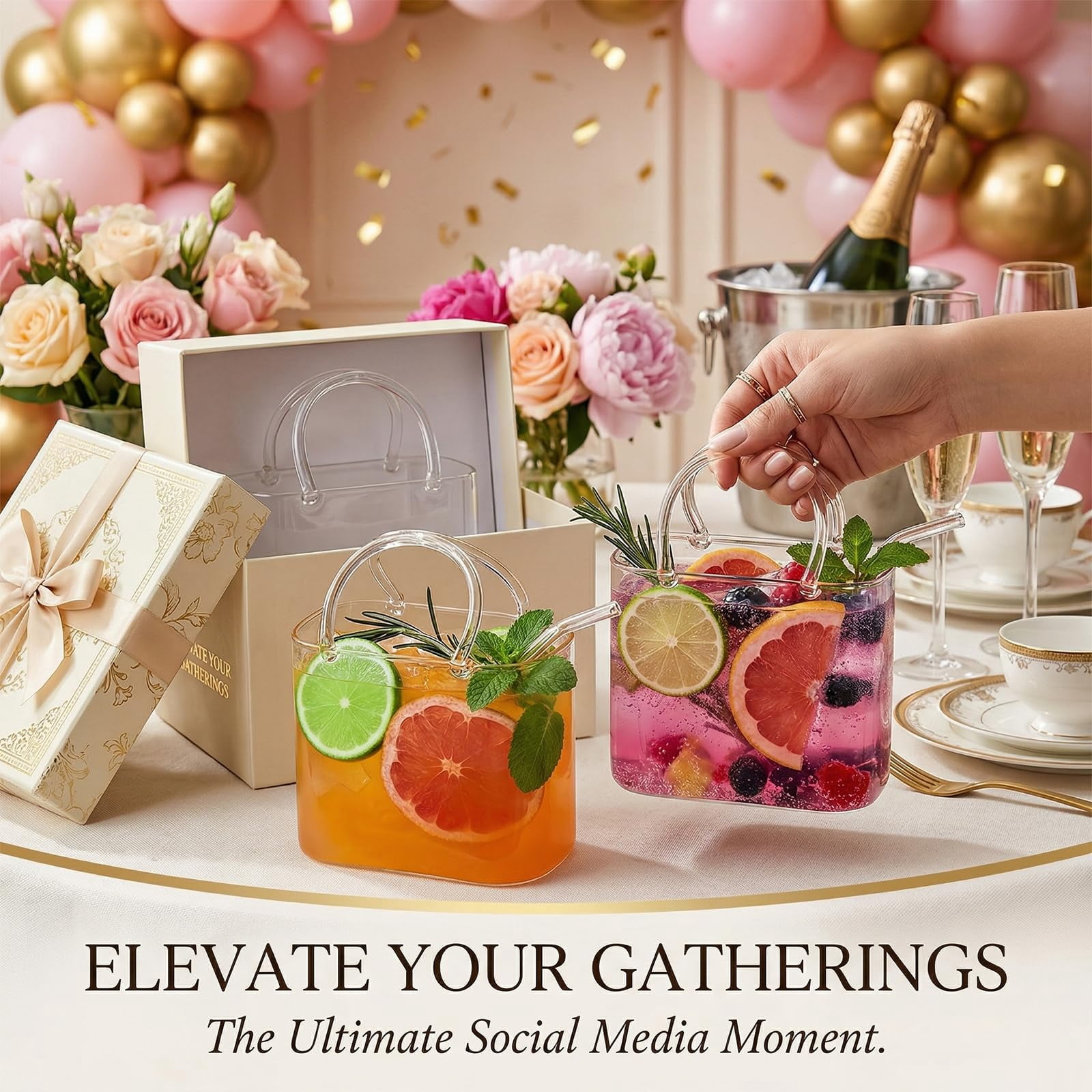 KANOHENO 27 oz Glass Purse for Drinks Set,Unique Wine Drinking Glasses with Straw for Juice,Iced Tea,Cute Gifts for Mother,Party Bar Decor & Flower Vase