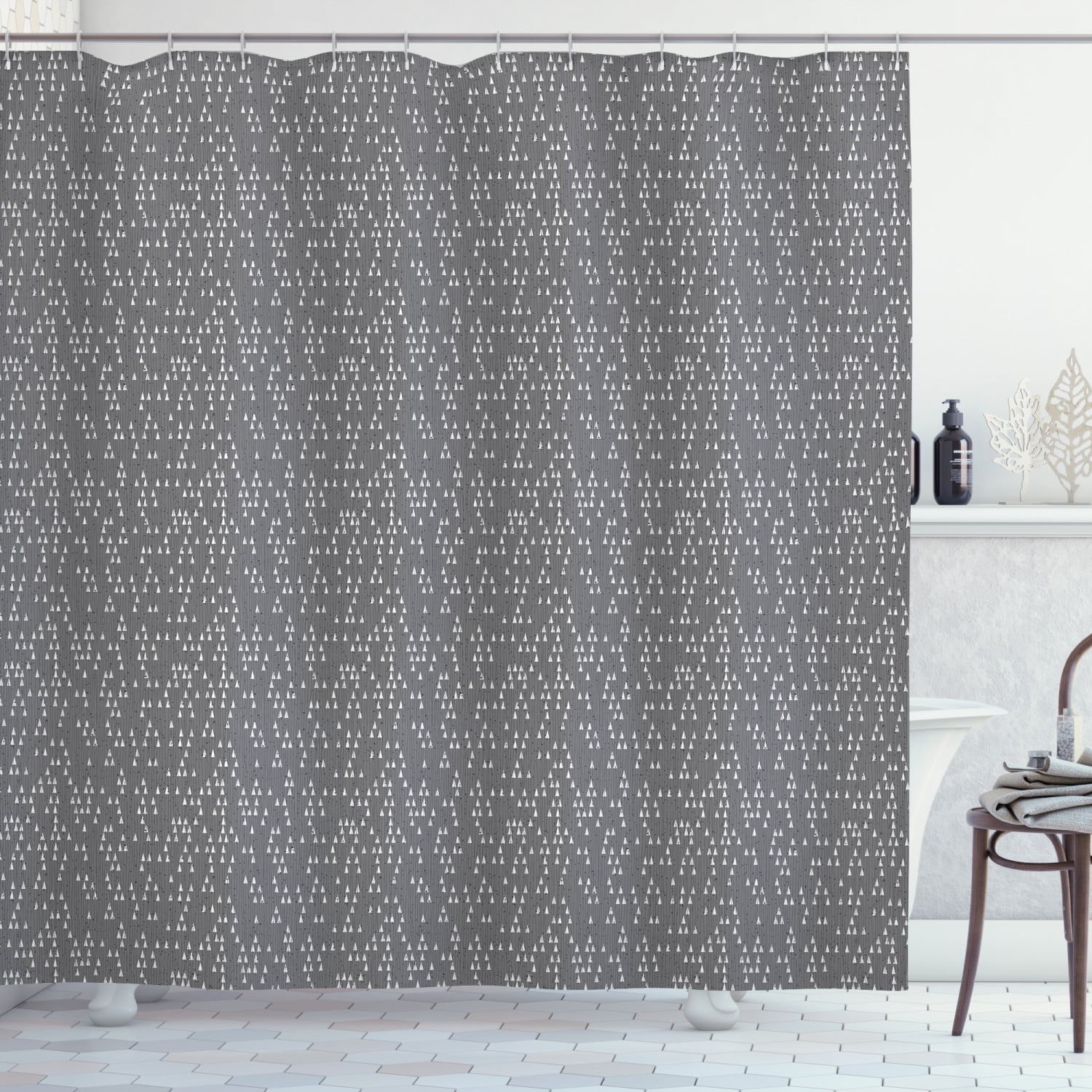 Abstract Shower Curtain, Geometric Pattern of Small Triangles over Grey