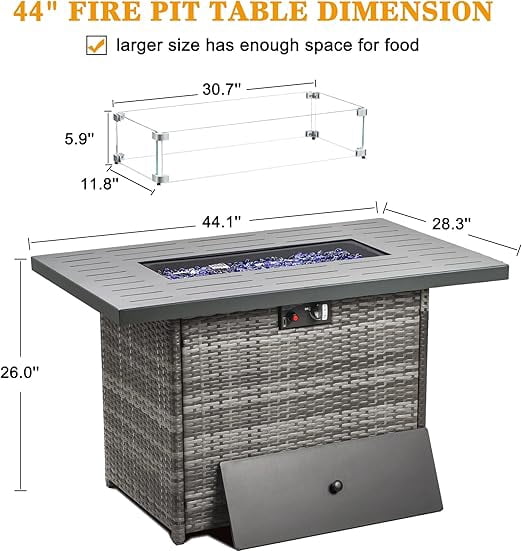 LayinSun 44" Propane Gas Fire Pit Table, 55000 BTU Rectangular Fire Pit with Glass Wind Guard for Outside Patio Deck Garden Backyard