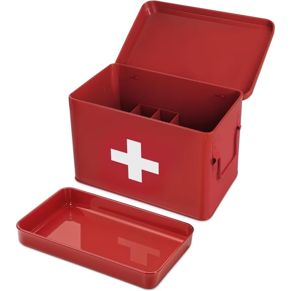 Plexon 8.5" Metal First Aid Box Empty, Medicine Storage Bin with Lid, Emergency Supplies Organizer, Portable First Aid Kit Case, Red