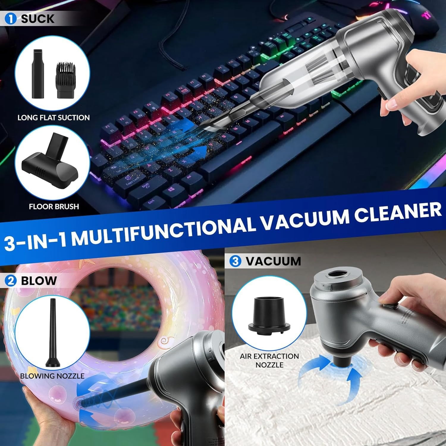 Boyun Daj Handheld Car Vacuum Cleaner, 15000Pa High Power Cordless 7-in-1 Wireless Mini Portable Vacuum Cleaner for Car Home Office, Perfect for Pet Hair