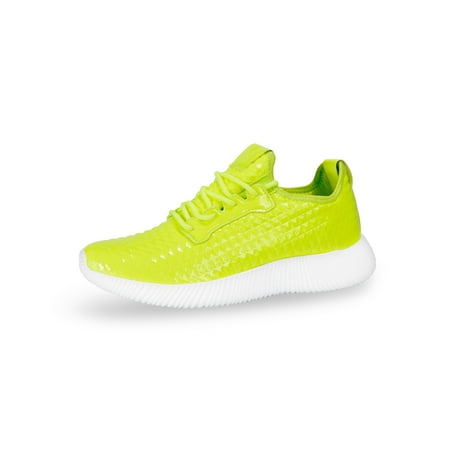 

LUCKY STEP Women Lightweight Metallic Hologram Laced Pyramid Leatherette Studded Jogger Casual Sneaker (8 B(M) US Neon Yellow)