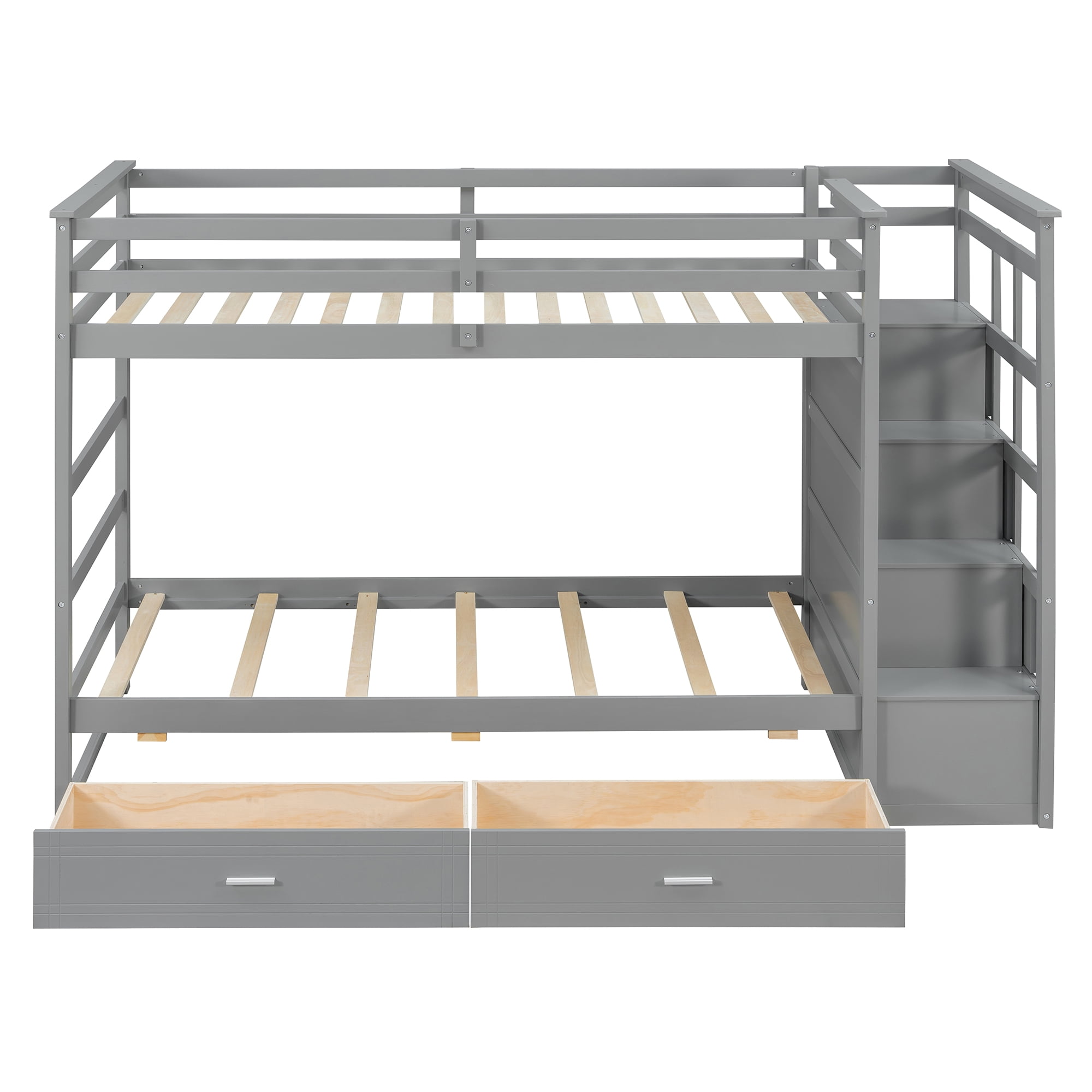 Aukfa Twin over Twin Bunk Bed with 7 Storage Drawers, Wood Bunk Bed with Staircase, Space Saving Design for Kids Bedroom, Gray