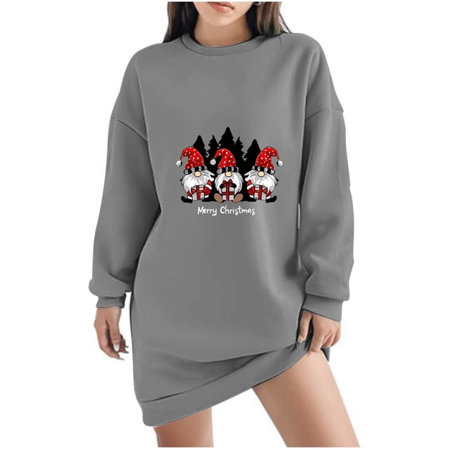 Pisexur Robes Joyeux Noël pour Femmes Imprimé Xmas Tendance Col Rond Robe Sweat Décontractée Vacances Manches Longues Robe de Soirée Mini Robe