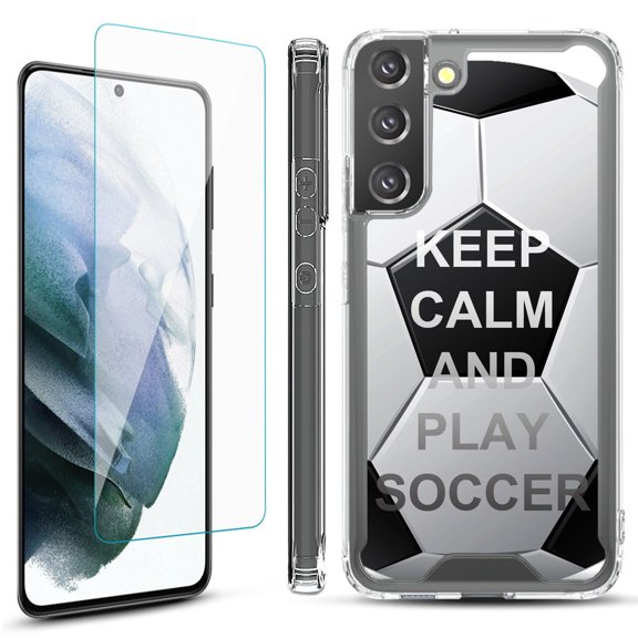 Shockproof Bumper Phone Case for Samsung Galaxy S22  / S22 Plus 5G, with Tempered Glass Screen Protector, by OneToughShield ® - Keep Calm Soccer