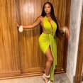 thumbnail image 3 of Women's Halter Deep V-Neck Chest Wrapped Sleeveless Backless Pleated Split Ribbons Bandage Dress, Solid Color, Sexy, 3 of 20