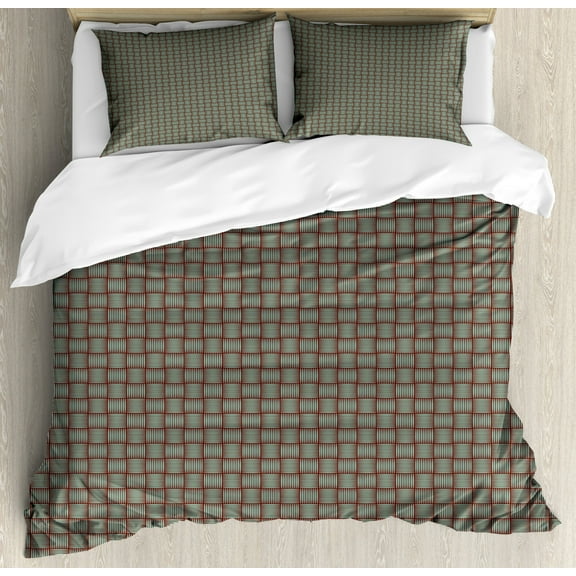 Brown and Blue King Size Duvet Cover Set, Retro Grid Composition with Vertical and Horizontal Lines, Decorative 3 Piece Bedding Set with 2 Pillow Shams, Chesnut Brown and Pale Blue, by Ambesonne