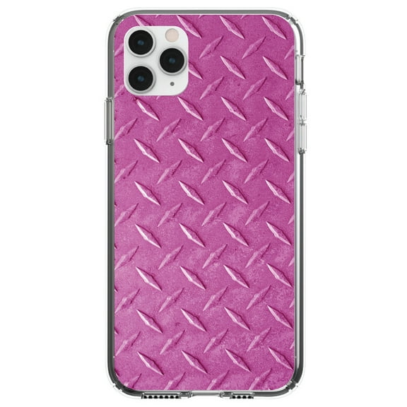 DistinctInk Clear Shockproof Hybrid Case for iPhone 13 (6.1" Screen) - TPU Bumper, Acrylic Back, Tempered Glass Screen Protector - Hot Pink Diamond Plate Steel Image Print Faux Diamond Plate